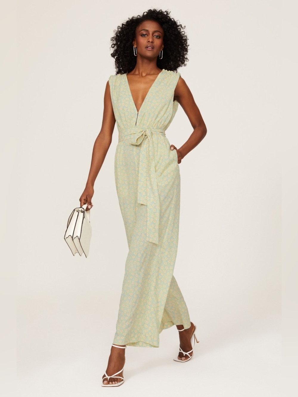 Derek Lam Leaf Plunge Jumpsuit Floral Sleeveless V-Neck Jumpsuit